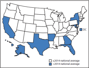 Incidence of TB cases by state and national average during 2014.